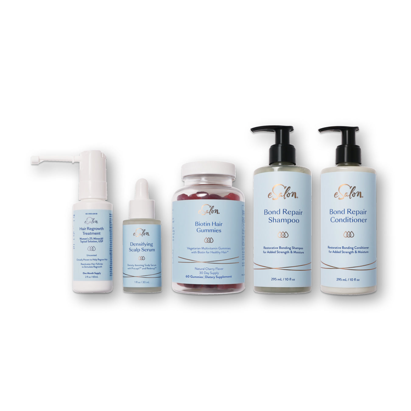 Set of eSalon hair care products including shampoo, conditioner, and gummies on a white background. Bundle includes Hair Regrowth Treatment, Densifying Scalp Serum, Biotin Hair Gummies, Bond Repair Shampoo and Bond Repair Conditioner.