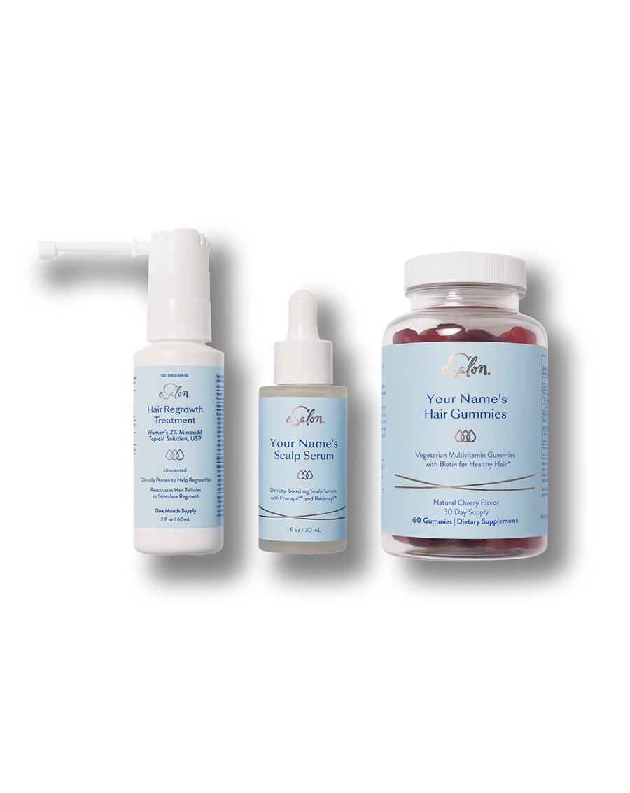 eSalon Hair Regrowth Treatment, Scalp Serum and Hair Gummies, each personalized with a name