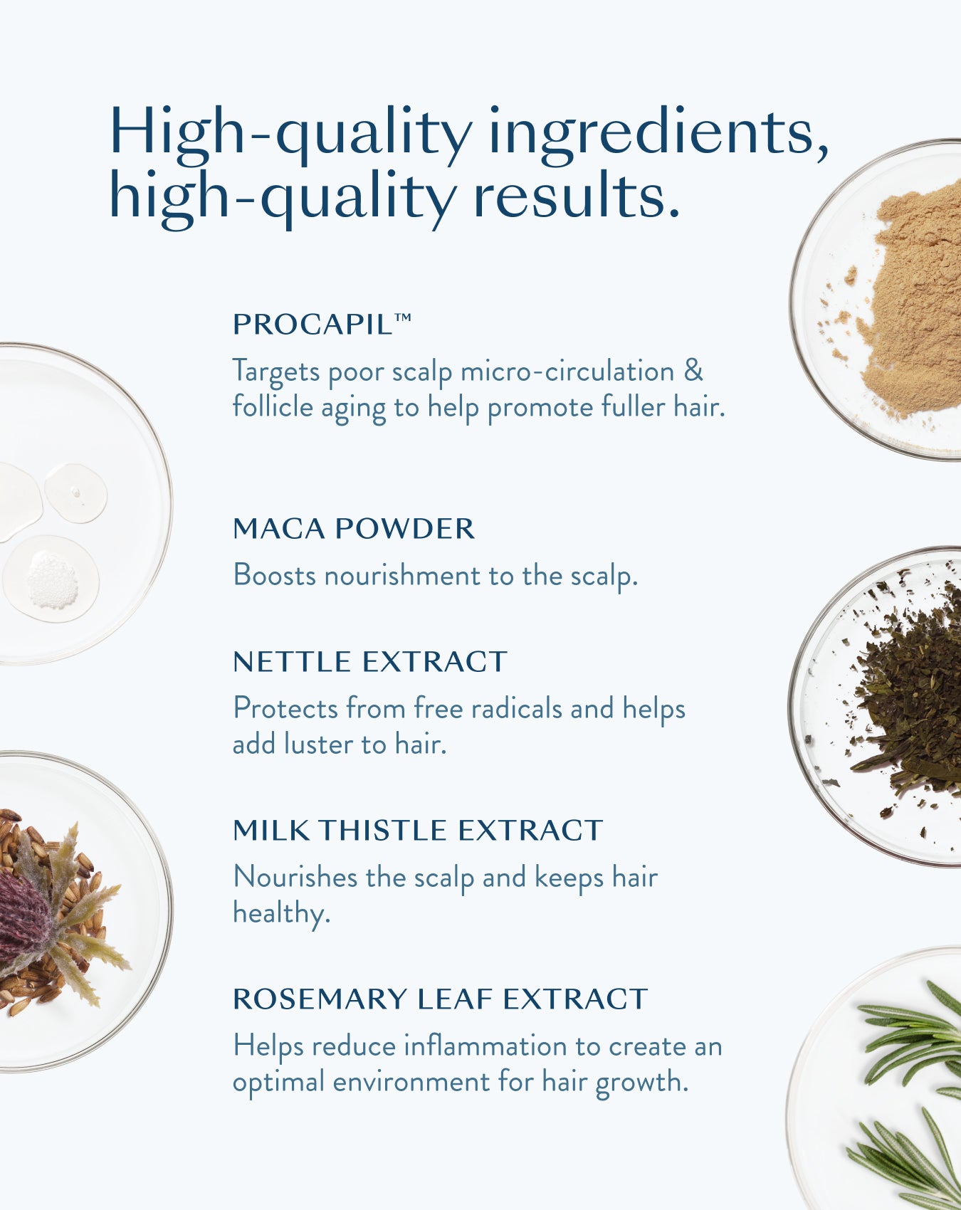 High-quality ingredients, high-quality results: Procapil, maca powder, nettle, milk thistle and rosemary leaf extracts