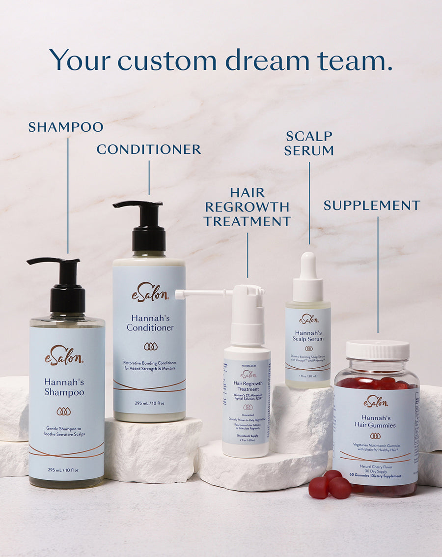 Your custom dream team: shampoo, conditioner, hair regrowth treatment, scalp serum and supplement