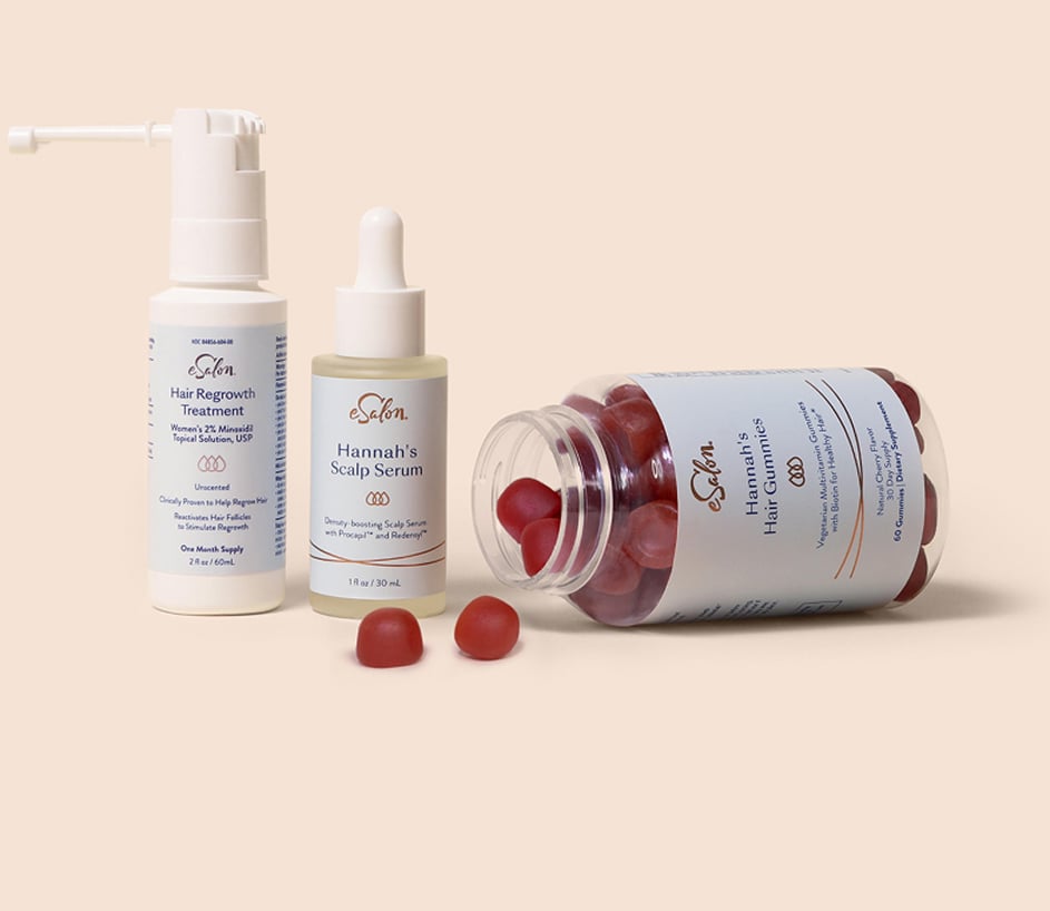 eSalon custom hair growth treatment, scalp serum and biotin gummies